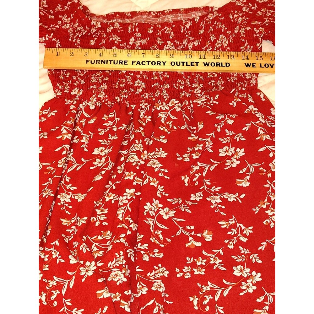 Floral Smocked Off-The-Shoulder Mini Dress Rust Red Boho Bell Sleeve Tunic -... - Picture 5 of 10